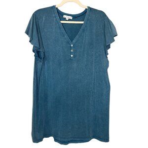 L Love Teal Mineral Wash Ruffle Sleeve Henley Top - Size 1XL